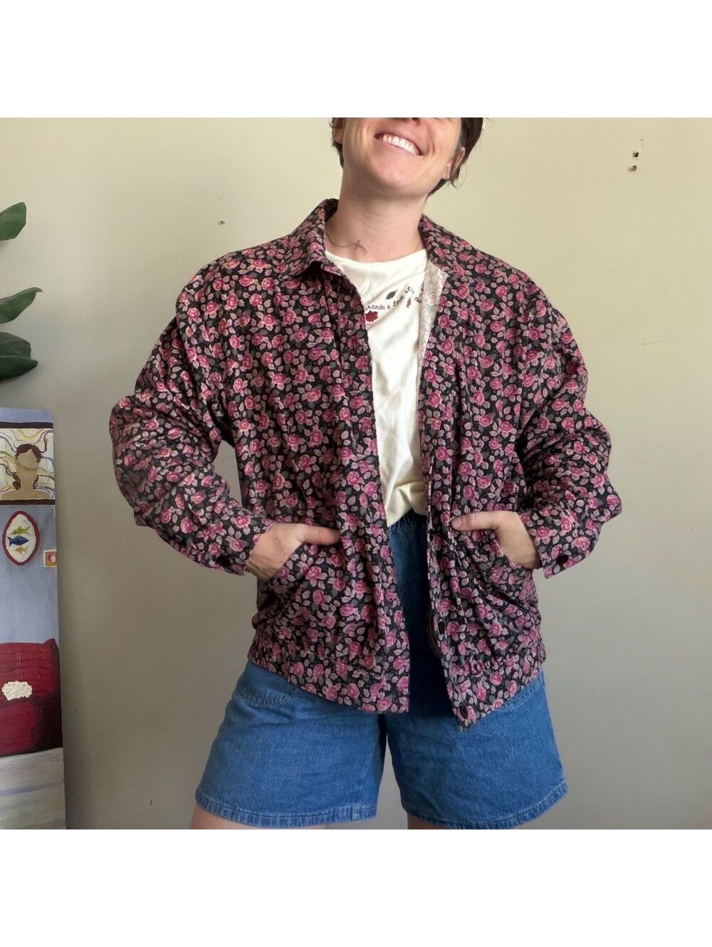 Vintage 90s floral courdoroy jacket black floral quilted jacket